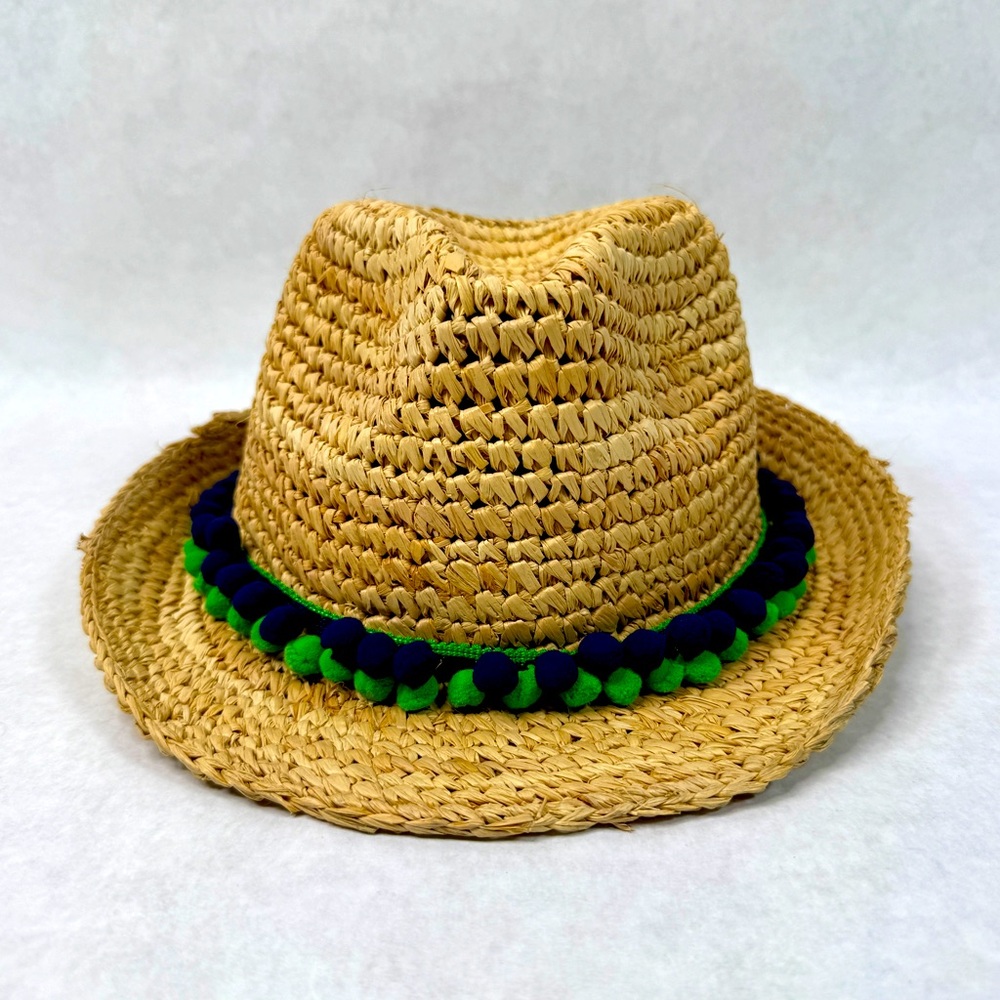 ANTHROPOLOGIE / TRACY WATTS Raffia Straw Handmade Hat with Blue & Green Pom-Poms